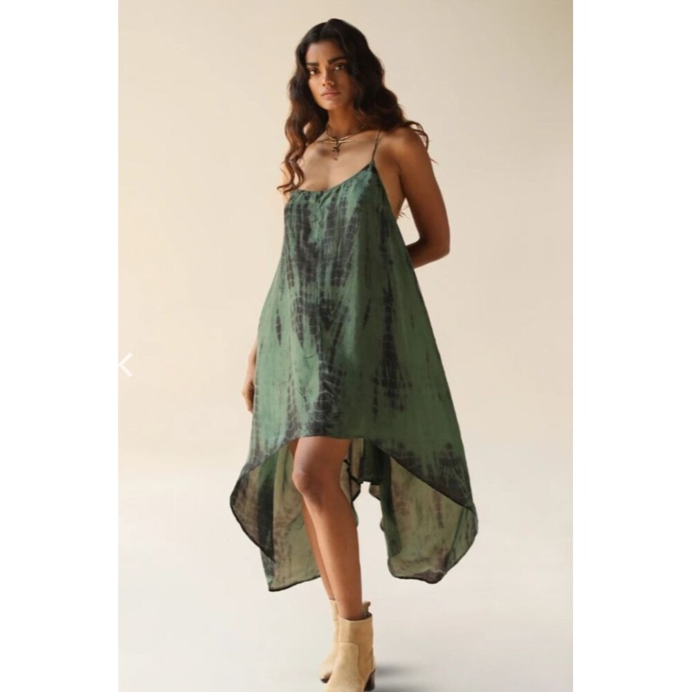 FARA Boutique Silk Zen Dress S/M Tourmaline Green Spaghetti Straps High Low Hem